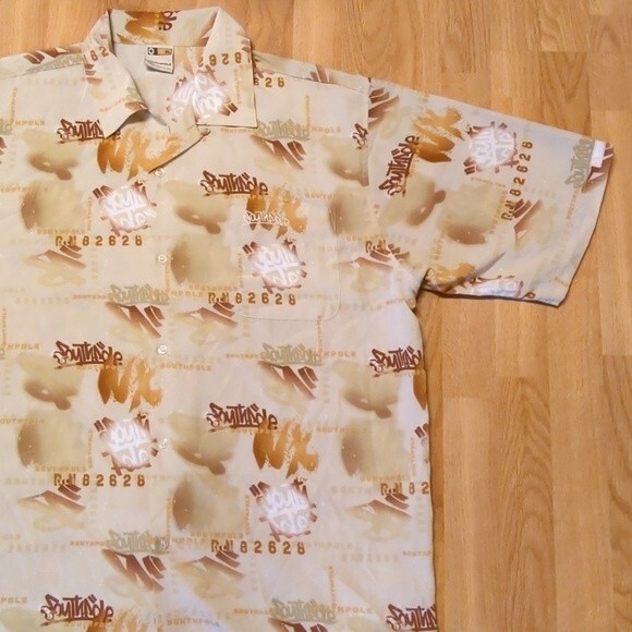 South Pole Shirt Button Up Mens XL Brown All Over Print Logo Short Sleeve - Picture 6 of 8